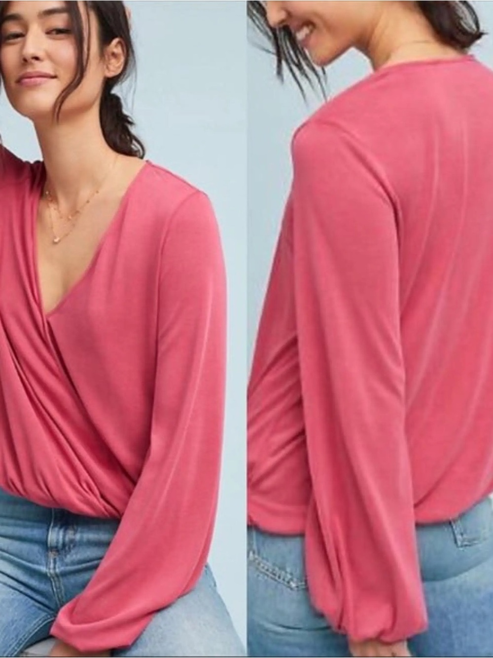 Anthropologie Sunday in Brooklyn Faux Wrap Surplice Blouse Raspberry Pink | M